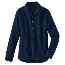 Chemise en jean et seersucker Oliver Spencer      - Fabriquée en tissu seersucker léger. En teinture indigo authentique. Par Oliver Spencer/Londres. Chemise en jeans Seersucker foncé, vue de face.