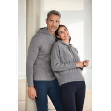 Sweat à capuche Boiled Cashmere Junghans 1954, homme Couple posant dans des sweats à capuche en cachemire bouilli gris