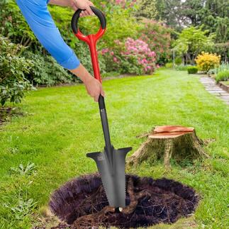 Personne soulève une pelle avec scie à racines pour le jardinage.