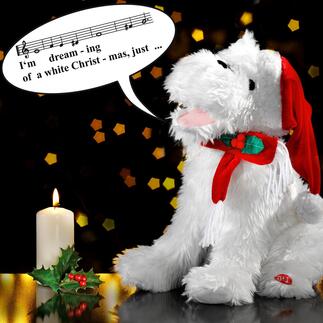 Chien de Noël chantant Cet adorable chien de Noël conquiert le cœur de tous avec son chant mélodieux.