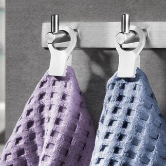 Pince à serviette universelle, lot de 2 pièces Enfin : une pince à serviette ­pratique et élégante. Adapté à chaque cuisine, chaque salle de bain, chaque WC …