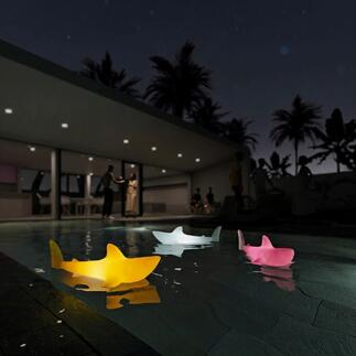 Luminaires en forme de requin colorés flottant dans la piscine la nuit
