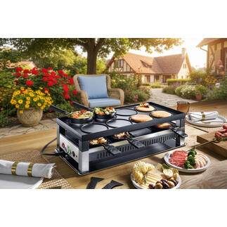 Gril à raclette 5-en-1 Solis sur une terrasse, entouré de plantes et de tables.