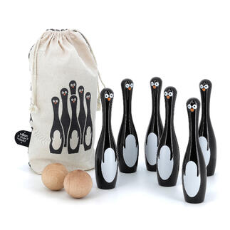 Ensemble de quilles pingouins avec sept quilles et deux boules en bois dans un sac en coton.