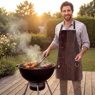 Homme barbecuant avec un tablier en cuir de buffle dans le jardin.