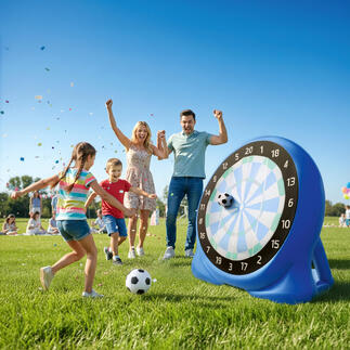 Famille jouant au football-dart à l'extérieur avec une grande cible.