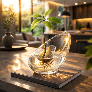 Vase en forme d'avocat avec plante et racines dans l'eau claire sur une table.