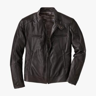 Veste en cuir de renne de 800 gram en brun sur fond blanc.