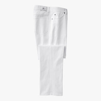 Jeans blancs T400 avec une jambe courte sur fond blanc