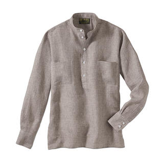 Chemise en lin Nehru grise avec boutonnière et poche plaquée sur fond blanc.