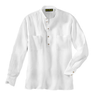 Chemise en lin Nehru blanche avec boutonnière et deux poches plaquées sur fond blanc.