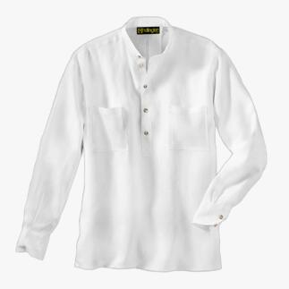 Chemise en lin Nehru blanche avec boutonnière et deux poches plaquées sur fond blanc.