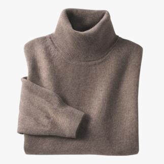 Pull en cachemire taupe sur fond blanc.