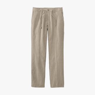 Pantalon de confort à cordon beige sur fond blanc.