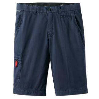 Bermudas bleu marine avec poches et zip rouge, idéales pour l'été.