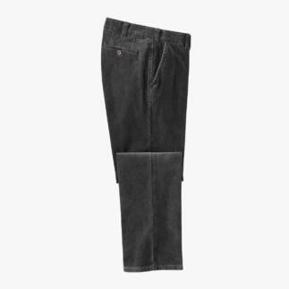 Pantalon en velours côtelé noir, vue de face, avec vue latérale et supérieure.