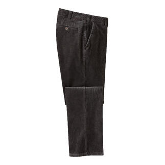 Pantalon en velours côtelé noir avec jambes droites sur fond blanc.