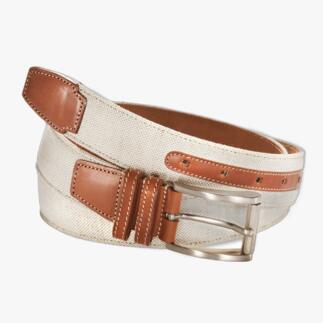 Ceinture en lin et cuir italien, vue sur la boucle et la fermeture.