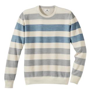 Pull rayé pour homme en bleu, gris et crème sur fond clair.