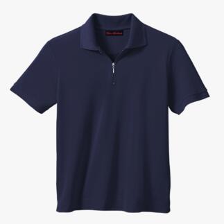 Polo bleu marine avec fermeture éclair sur fond blanc.