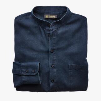 Chemise en jean Nehru bleu foncé, pliée avec une manche visible.