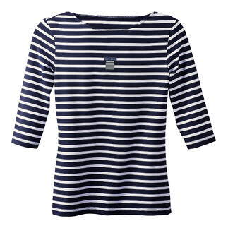 Vue avant d'un haut rayé en marine et blanc avec étiquette de marque.