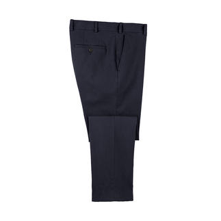 Chino d'hiver bleu foncé vu du dessus, avec ourlet visible.