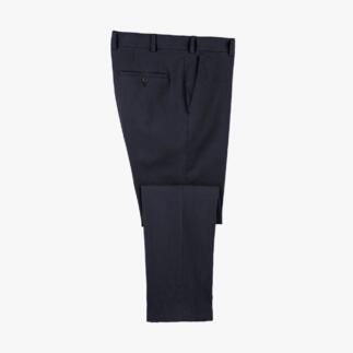 Chino d'hiver bleu foncé vu du dessus, avec ourlet visible.