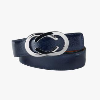 Ceinture réversible en vernis bleu foncé avec boucle fonctionnelle.