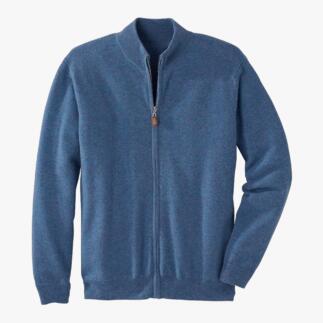 Veste en cashmere bleue avec fermeture éclair ouverte