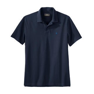 Polo bleu foncé, vue de devant, texture du tissu visible.
