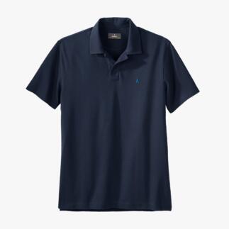 Polo bleu foncé, vue de devant, texture du tissu visible.