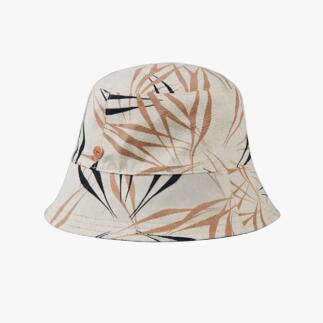 Chapeau de bucket réversible avec motif végétal sur un fond blanc.