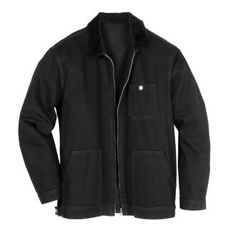 Veste en jean Edwin Selvage noire posée sur un fond blanc.