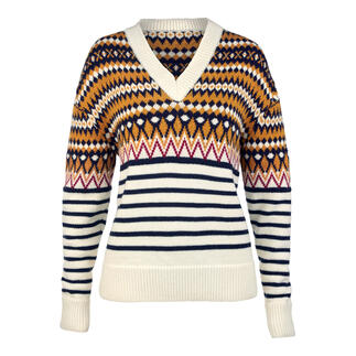 Vue avant du pull en jacquard pour femme en marine, blanc, orange et rouge.