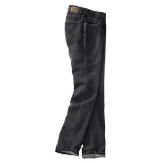 Jeans 24 heures en gris, suspendus et légèrement inclinés.