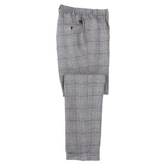 Pantalon en lin Quadro gris plié sur une surface.