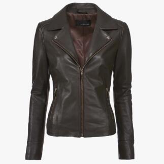 Veste en cuir biker marron avec fermeture éclair fermée et col montant.