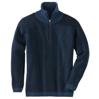 Vue avant du pull marin bleu cobalt avec fermeture éclair et structure en côtes.