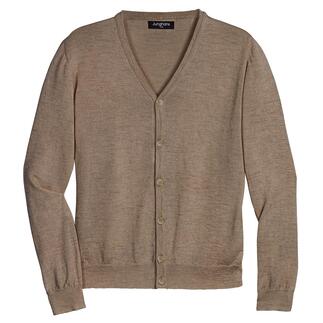 Cardigan en lama soie beige avec décolleté en V et boutons.