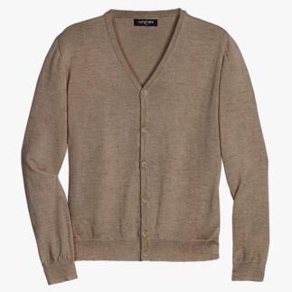 Cardigan en lama soie beige avec décolleté en V et boutons.