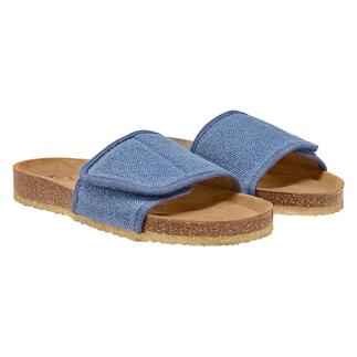 Deux pantoufles en chanvre de Grand Step Shoes de couleur bleue, vues du dessus.
