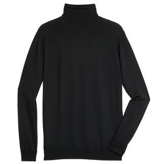Col roulé tricoté Junghans 1954 en noir, posé à plat, taille 48.