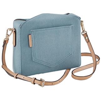 Sac boxy en denim bleu avec une bandoulière brune