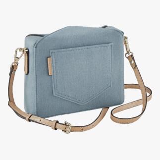Sac boxy en denim bleu avec une bandoulière brune
