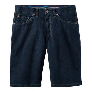 Vue de face des shorts en denim bleu foncé 24 heures sur un fond blanc.