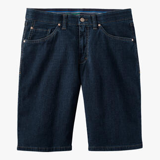 Vue de face des shorts en denim bleu foncé 24 heures sur un fond blanc.