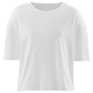 T-shirt boxy en interlock blanc sur un fond blanc.