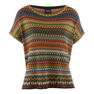 Vue avant d'un pull en jacquard IVKO avec un motif coloré.