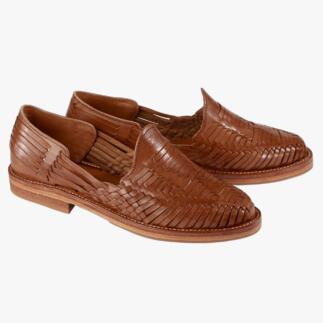 Deux Huaraches en cuir tressé Cano couleur cognac, taille 41, design ajouré.